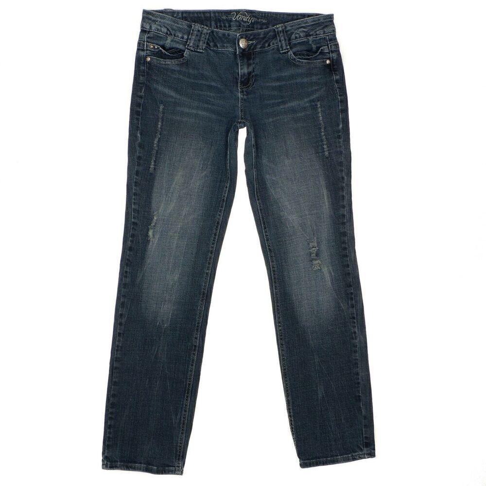 Vanity Dakota Straight Jeans Size 28 Womens Distressed Embellished Stretch 32x30